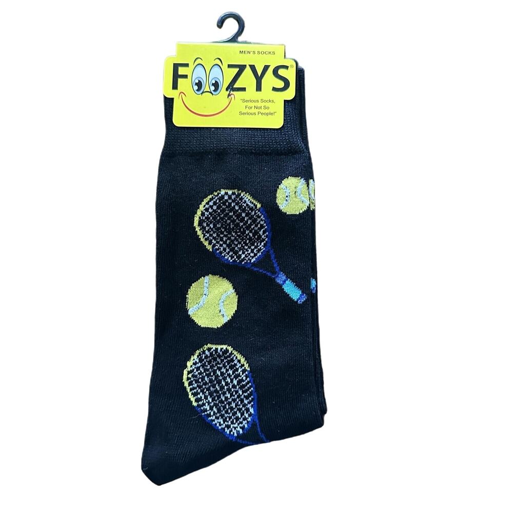 NWT Foozys Black Tennis Racket Ball Pattern Crew Socks Mens One Size